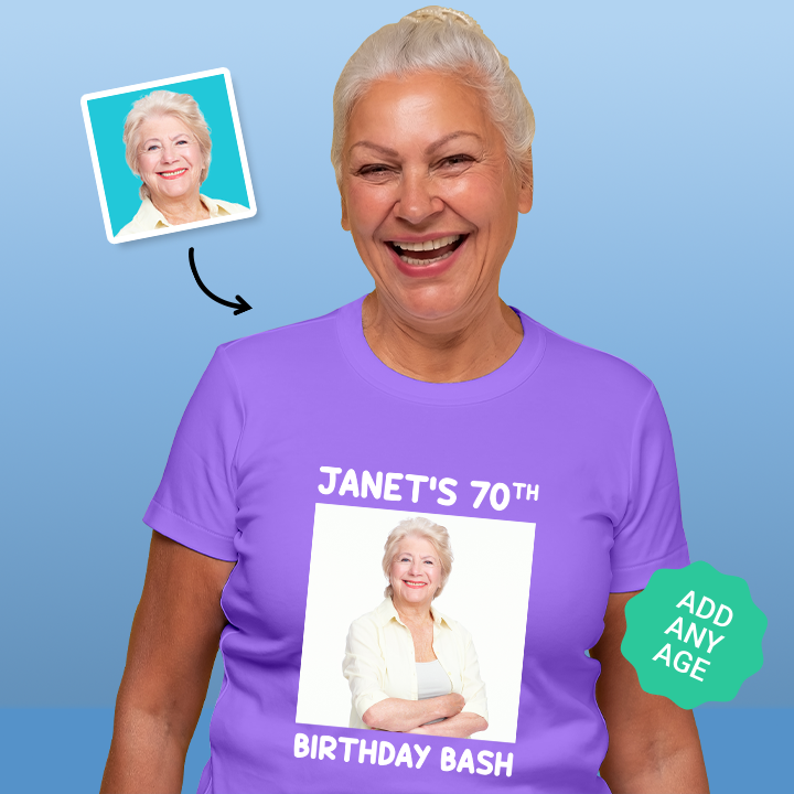 A female model wearing a custom birthday shirt that has had a photograph of a woman added to it with the custom text Janet's 70th Birthday Bash 