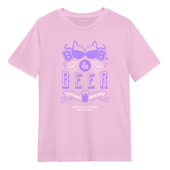 A custom pink stag do t shirt that reads Boobs & Beer that's why we're here with the custom text Jake's Stag Weekend Prague 2027 