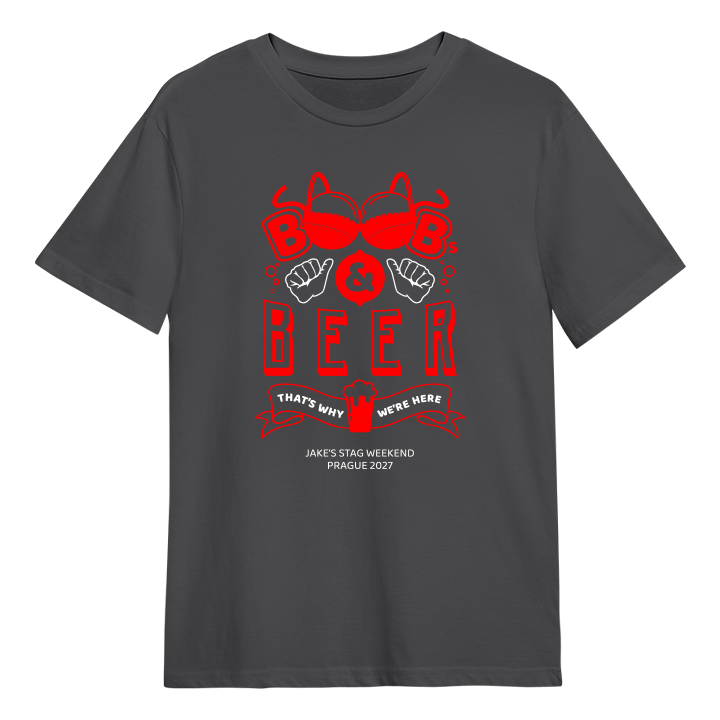 A custom grey stag do t shirt that reads Boobs & Beer that's why we're here with the custom text Jake's Stag Weekend Prague 2027