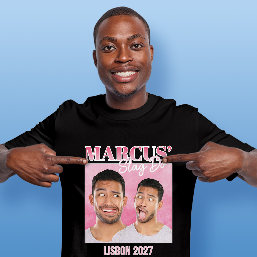 Stag Do Photo T-shirt – Photo, Text, Location on White T-shirt
