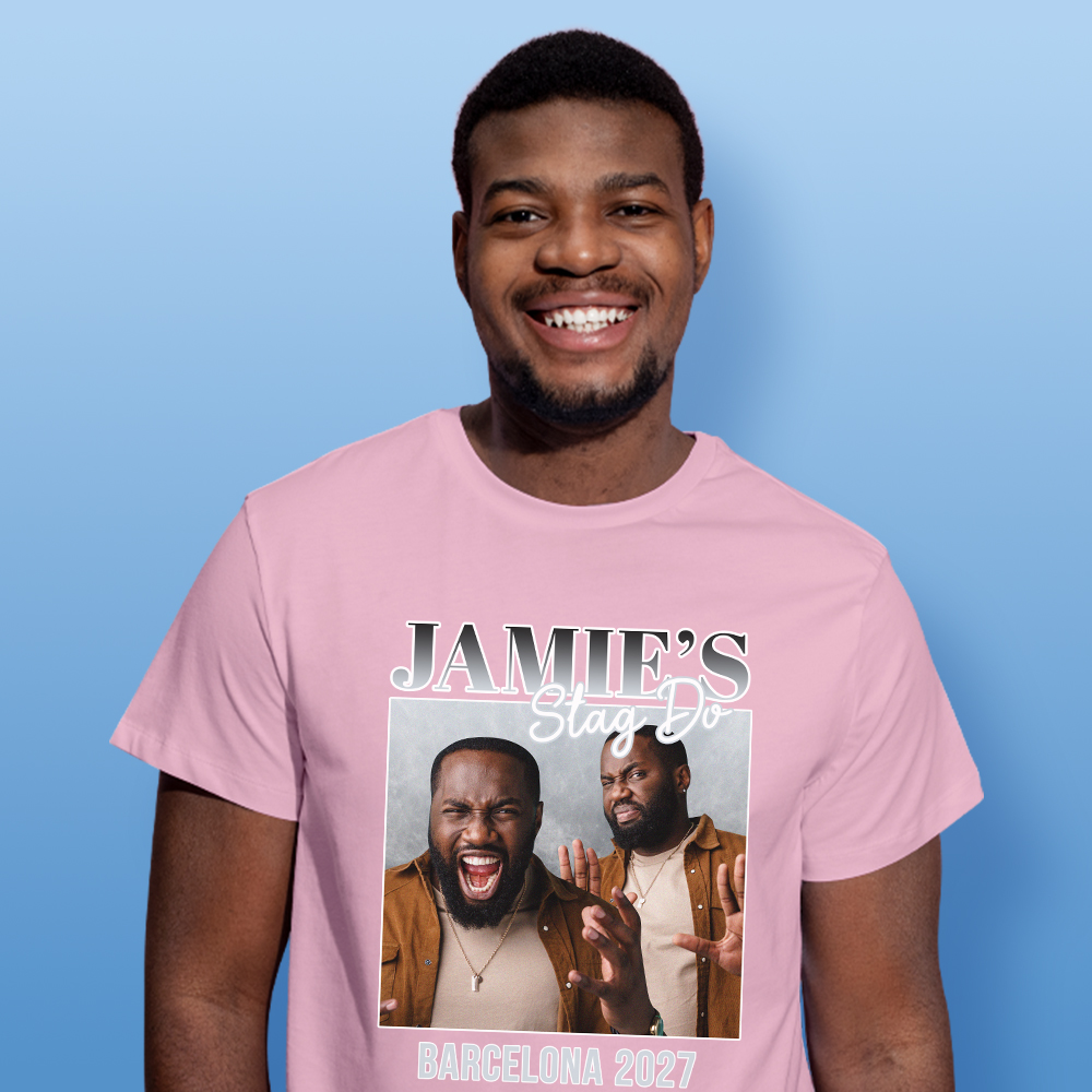 Stag Do Photo T-shirt – Photo, Text, Location on Black T-shirt