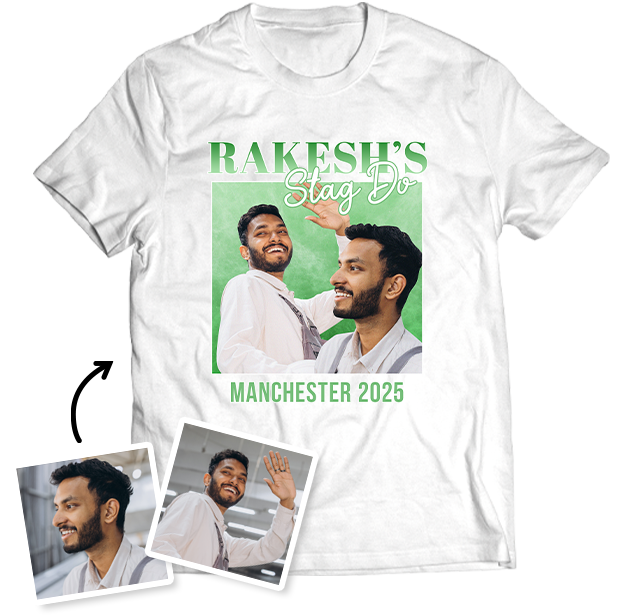 Stag Do Photo T-shirt – Photo, Text, Location on White T-shirt