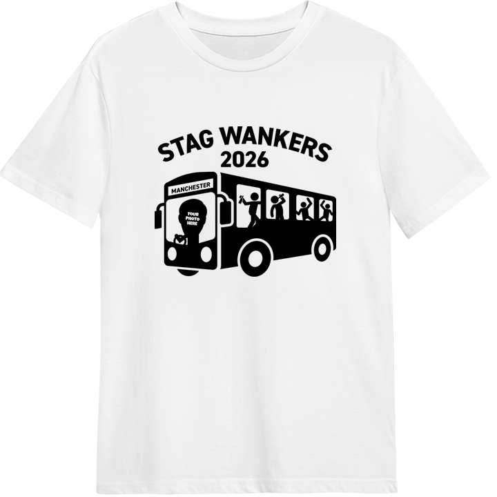 A white stag do t shirt that has an Inbetweeners bus wankers themed design that reads Stag Wankers 2026 with space for where a man's face can be edited onto the t shirt to make it look like he's drivi