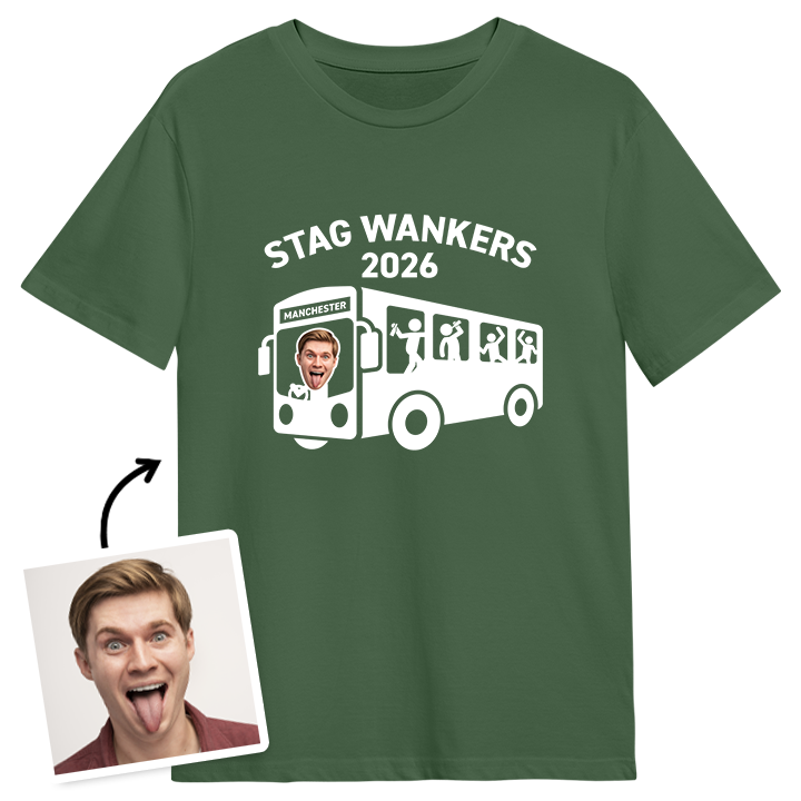 A green stag do t shirt that has an Inbetweeners bus wankers themed design that reads Stag Wankers 2026 with a man's face edited onto the t shirt to make it look like he's driving the bus