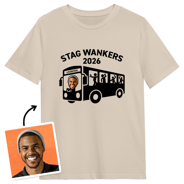 A beige stag do t shirt that has an Inbetweeners bus wankers themed design that reads Stag Wankers 2026 with a man's face edited onto the t shirt to make it look like he's driving the bus