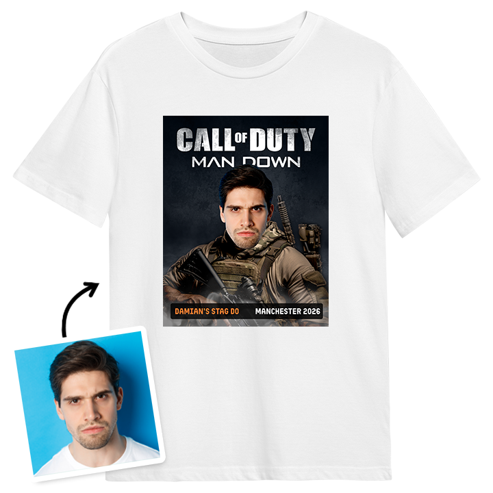 A white stag do t shirt with a call of duty design reading 'man down' where you can put in an image of the stag and make him a soldier