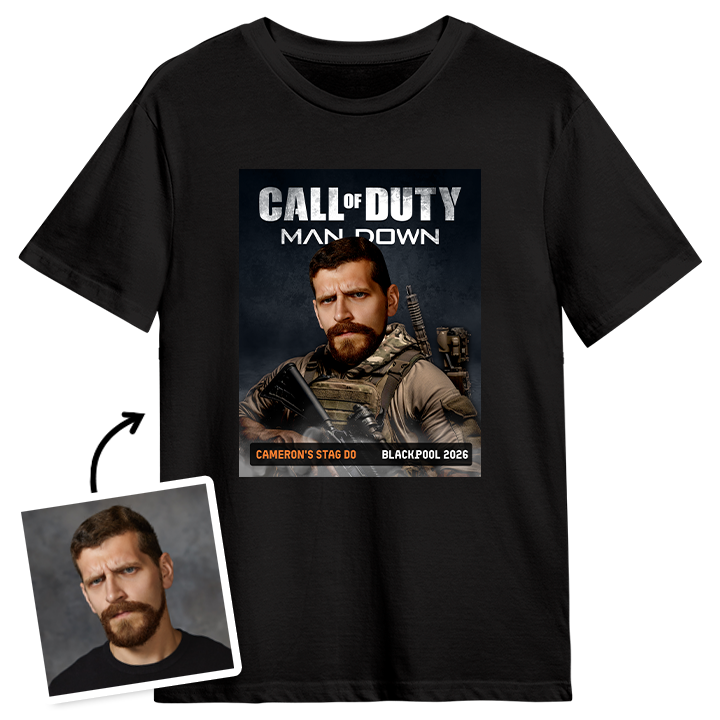 A black Call of Duty Photo Stag Do T-shirt that has text reading Cameron's Stag Do, Blackpool, 2026