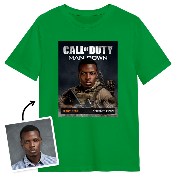 A green Call of Duty Photo Stag Do T-shirt that has text reading Sean's Stag, Newcastle, 2027