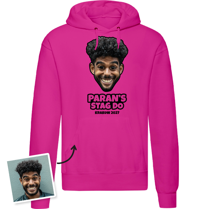 Stag Do Caricature from Hoodie T-shirt – Caricature, Text, Location on Pink Hoodie