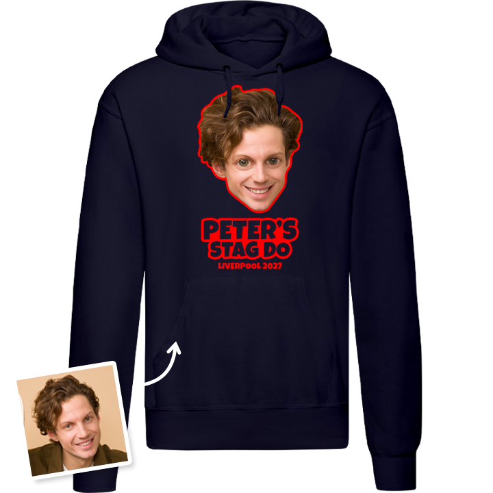 Stag Do Caricature from Hoodie T-shirt – Caricature, Text, Location on White Hoodie