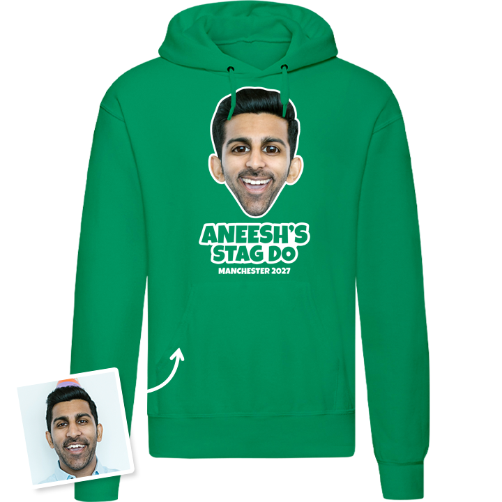 Stag Do Caricature from Hoodie T-shirt – Caricature, Text, Location on Blue Hoodie