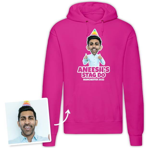 Stag Do Caricature from Hoodie T-shirt – Caricature, Text, Location on Pink Hoodie