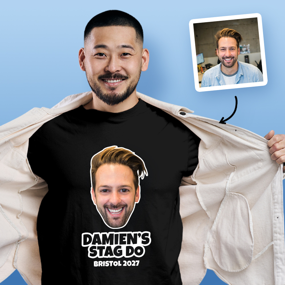 Stag Do Caricature from Photo T-shirt – Caricature, Text, Location on Pink T-shirt