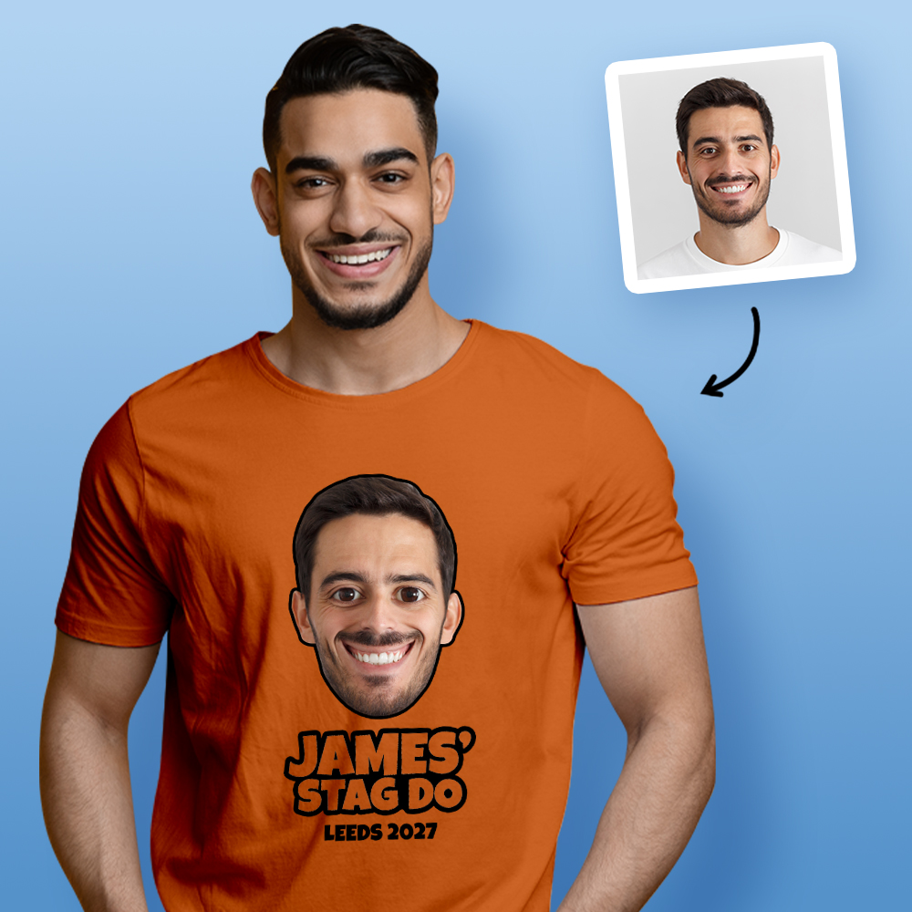 Stag Do Caricature from Photo T-shirt – Caricature, Text, Location on Blue T-shirt