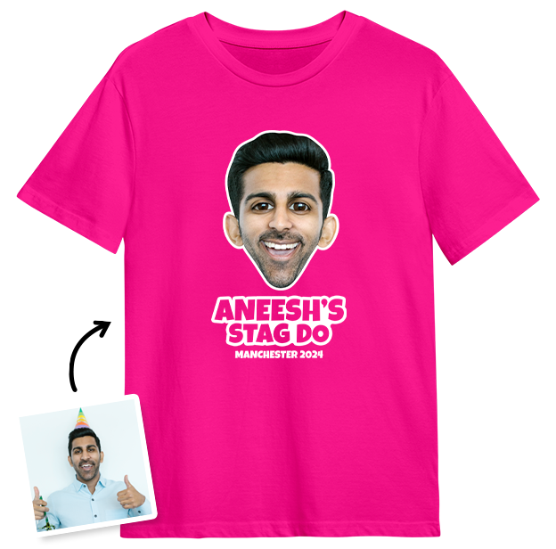 Stag Do Caricature from Photo T-shirt – Caricature, Text, Location on Pink T-shirt