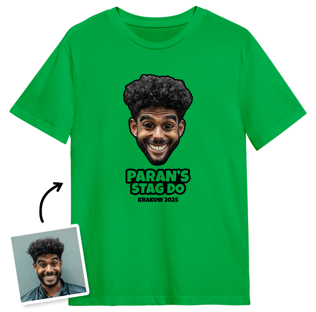 Stag Do Caricature from Photo T-shirt – Caricature, Text, Location on Blue T-shirt