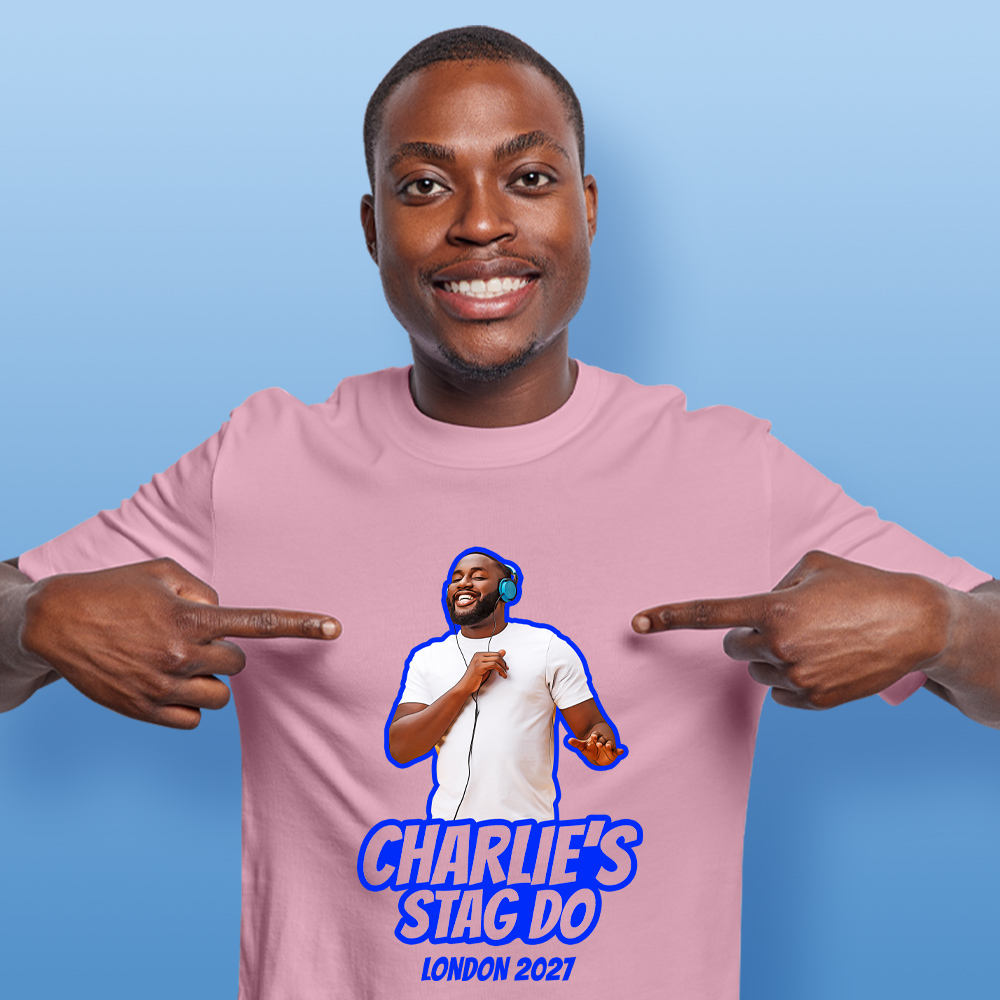 Stag Do Photo T-shirt – Photo, Text, Location on White T-shirt