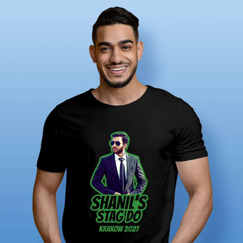 Stag Do Photo T-shirt – Photo, Text, Location on Black T-shirt