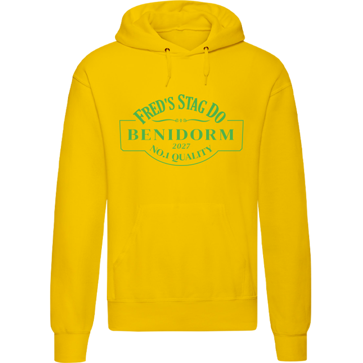Stag Do Illustration from Photo Hoodie – Illustration, Text, Location on Red Hoodie