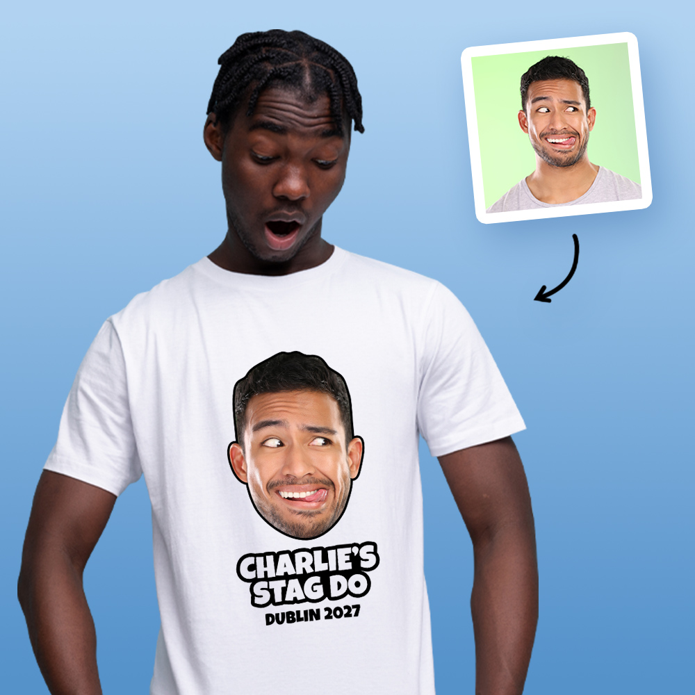 Stag Do Photo T-shirt – Photo, Text, Location on Blue T-shirt