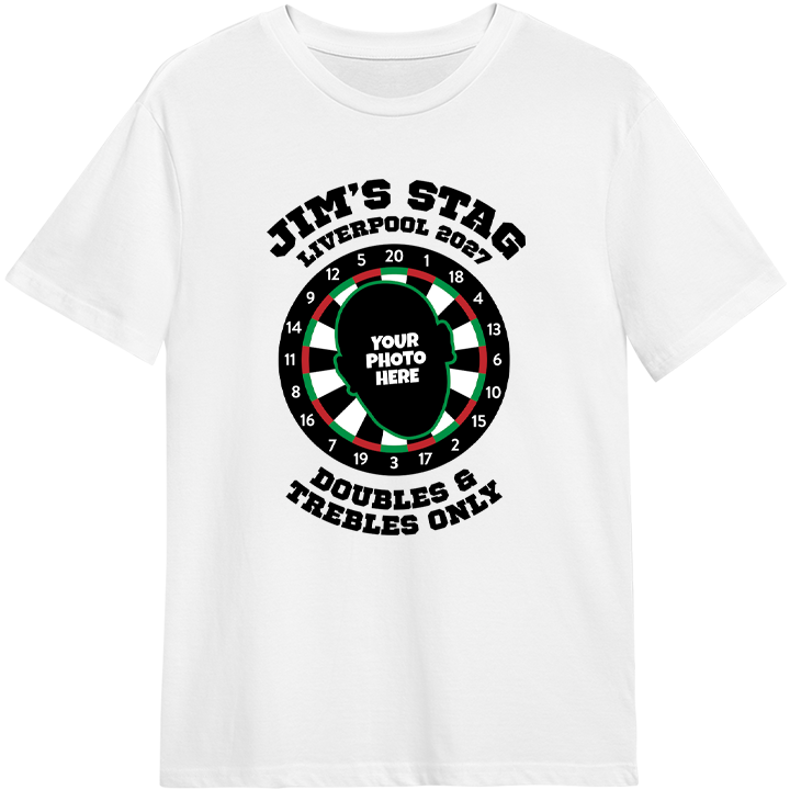 A white darts themed stag do t-shirt that has a darts board and space for a person's face on the board with custom text reading Jim's Stags Liverpool 2027, Doubles & Trebles Only