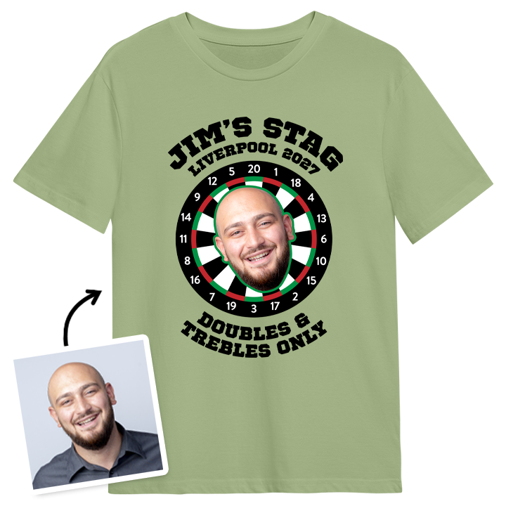 A green darts themed stag do t-shirt that has a darts board and space for a person's face on the board with custom text reading Jim's Stags Liverpool 2027, Doubles & Trebles Only