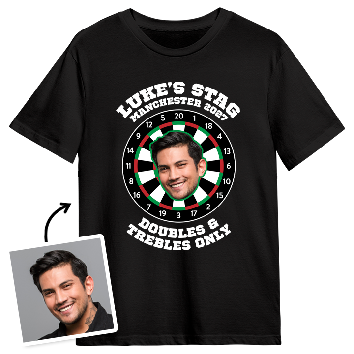 A black darts themed stag do t-shirt that has a darts board and space for a person's face on the board with custom text reading Luke's Stag Manchester 2027, Doubles & Trebles Only