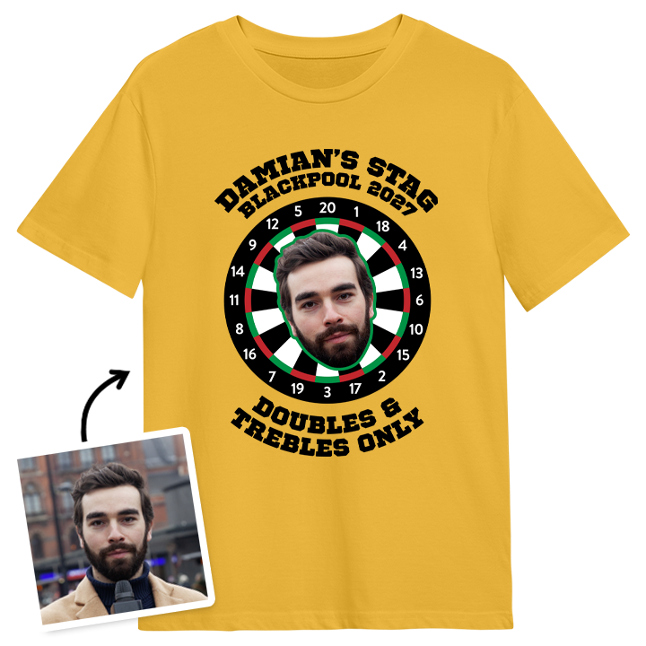 A yellow darts themed stag do t-shirt that has a darts board and space for a person's face on the board with custom text reading Damian's Stag Blackpool 2027, Doubles & Trebles Only