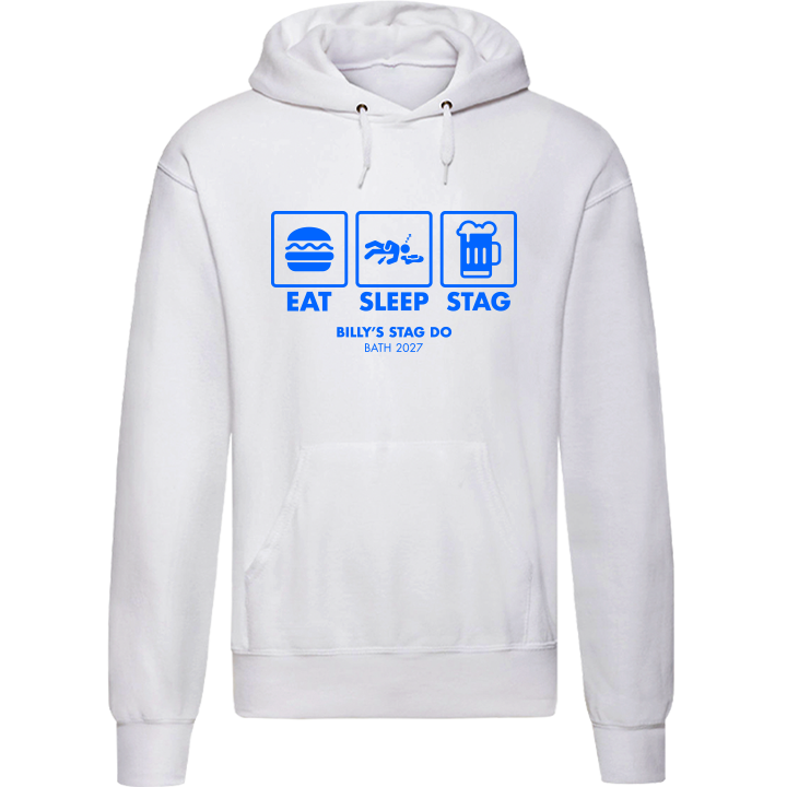 Stag Do Illustration from Photo Hoodie – Illustration, Text, Location on Blue Hoodie