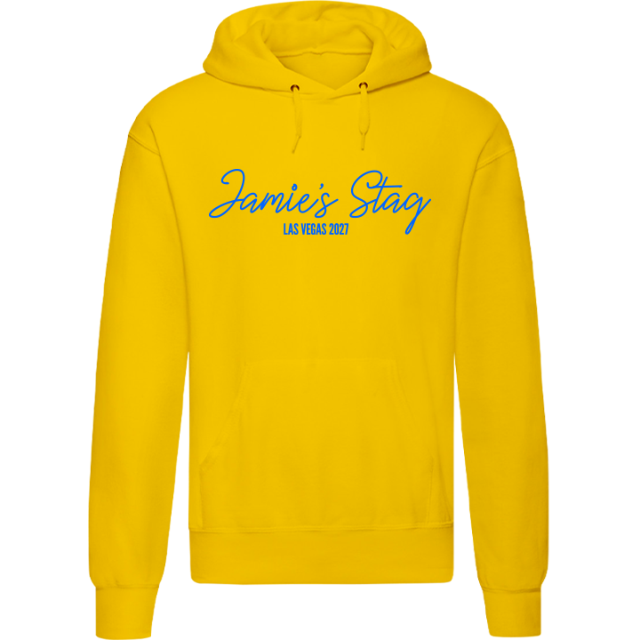 Stag Do Illustration from Photo Hoodie – Illustration, Text, Location on Blue Hoodie