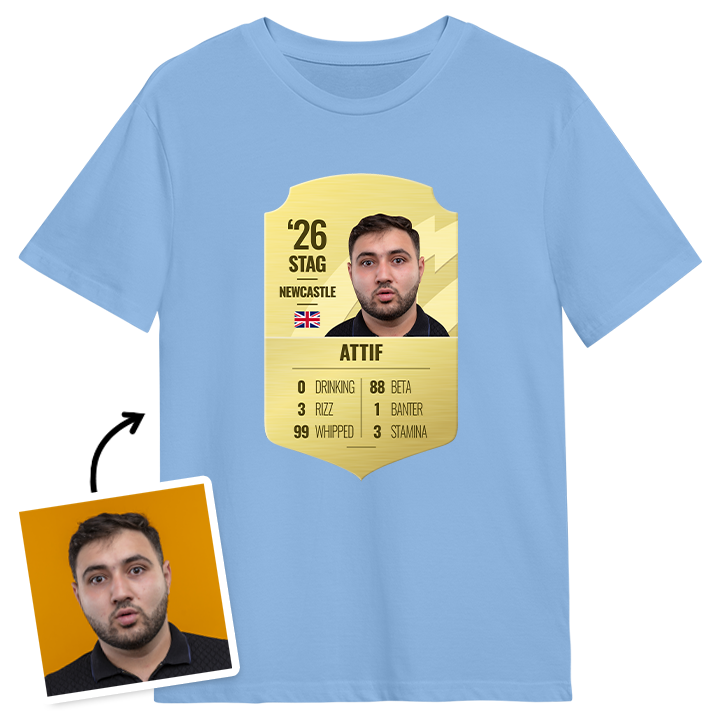 A blue stag do t shirt that's in the style of FIFA footballers player stats which you can customise with the stag's photo and personalised stats like 0 drinking, 99 whipped etc
