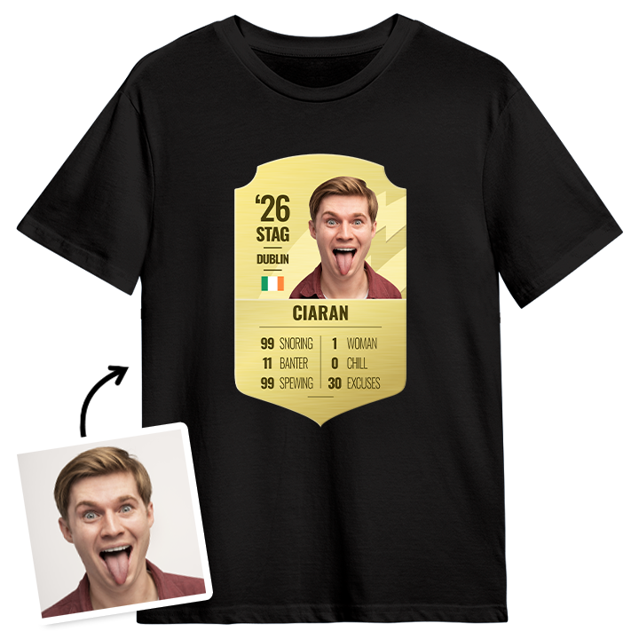A black stag do t shirt that's in the style of FIFA footballers player stats which you can customise with the stag's photo and personalised stats like 0 chill, 99 spewing etc