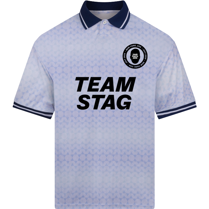 A custom football top with a retro white shimmer which reads Team Stag and can have the crest area personalised with a pic of the stag or a logo 