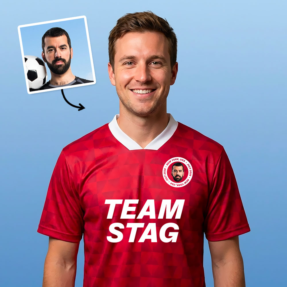 A male model wearing a custom football top with a retro red shimmer which reads Team Stag and has had the crest area personalised with a picture of a man