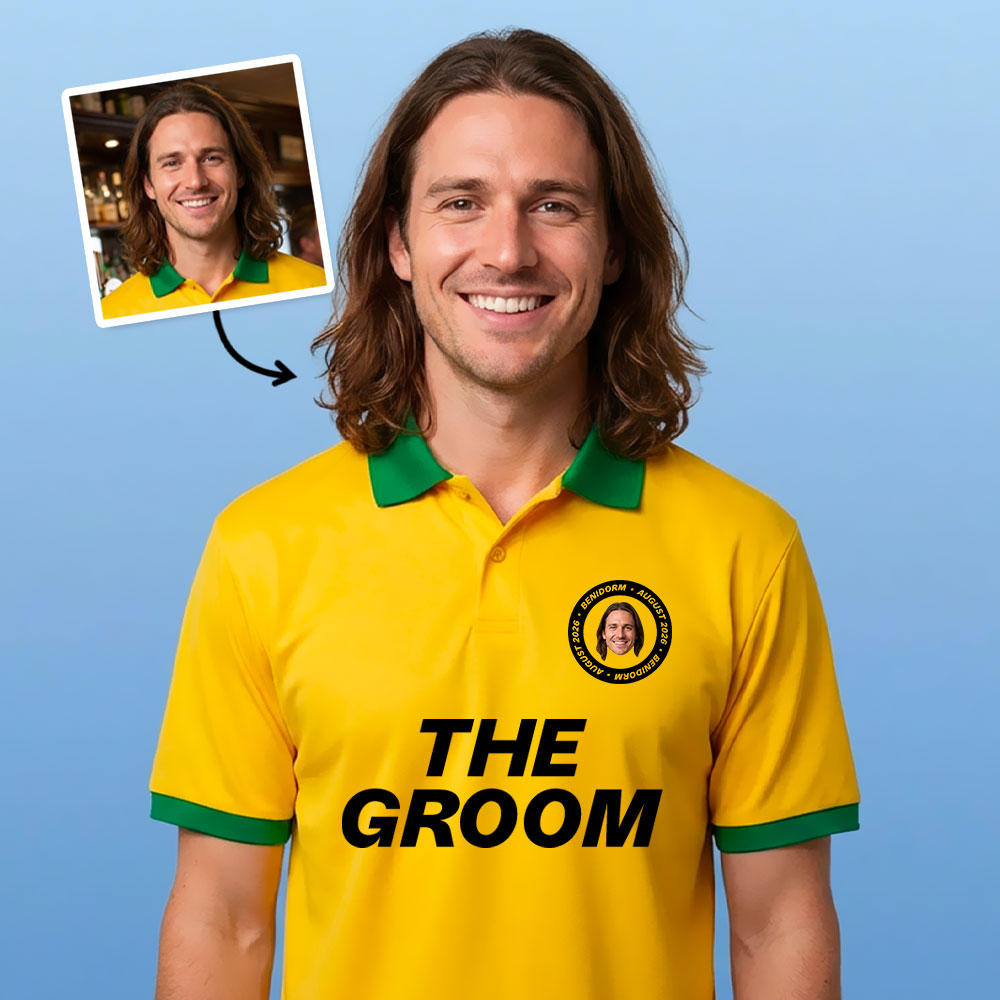 A male model wearing a custom yellow football top with which reads The Groom and has had the crest area personalised with a picture of the man who is wearing it