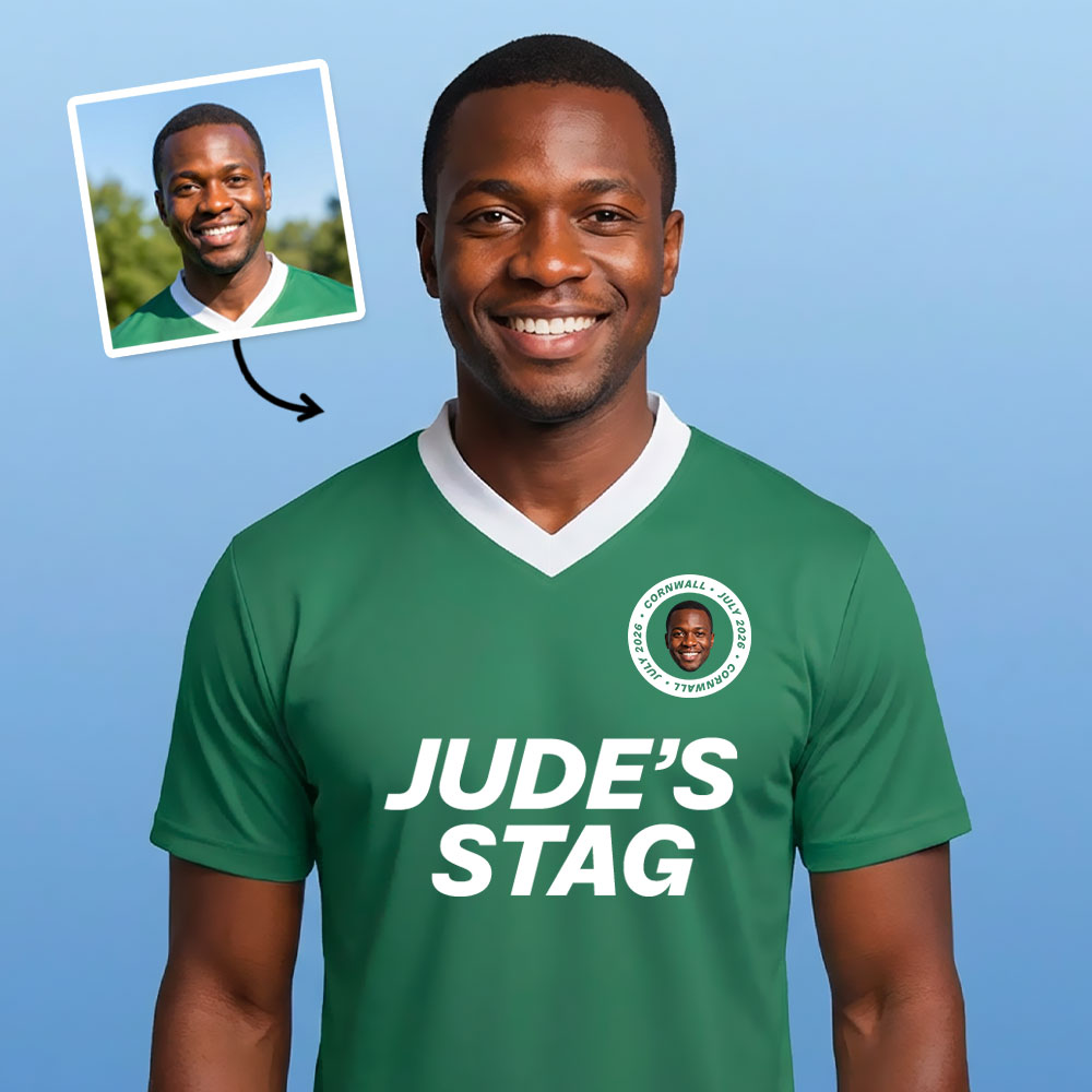 A male model wearing a custom green football top with which reads Jude's Stag and has had the crest area personalised with a picture of the man who is wearing it