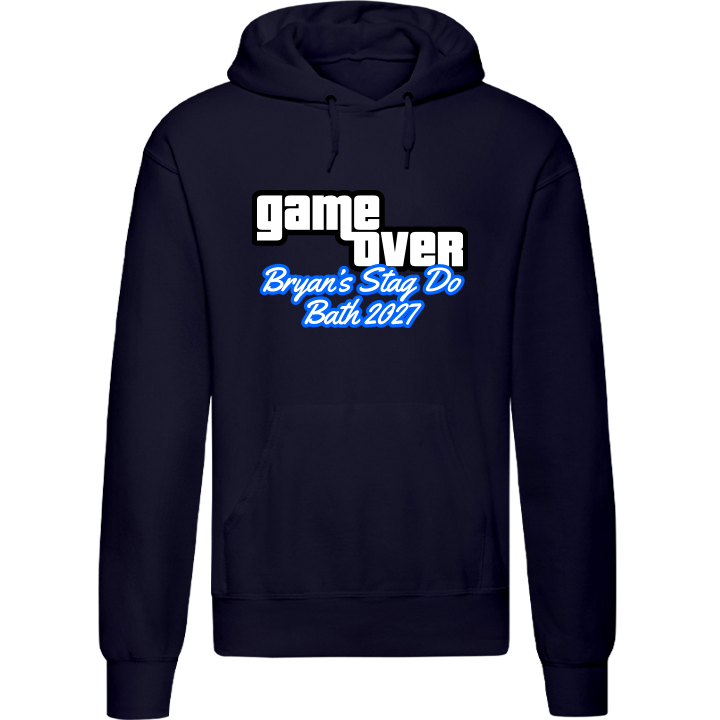 Stag Do Illustration from Photo Hoodie – Illustration, Text, Location on Blue Hoodie