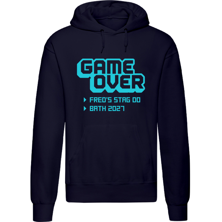Stag Do Illustration from Photo Hoodie – Illustration, Text, Location on Blue Hoodie