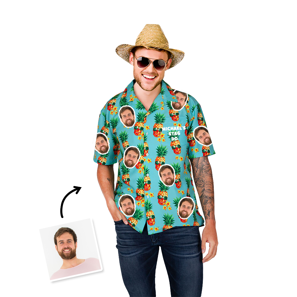 A man in a straw hat and sunglasses wearing a Funky tropical pinappple photo-print custom Hawaiian t-shirt that's got several pictures of a man's face on it.