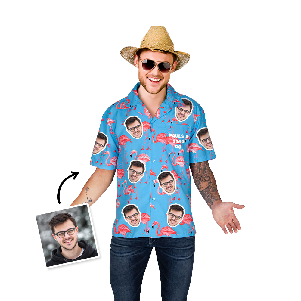 A man wearing a straw hat, sunglasses and a Blue phot-print custom Hawaiian shirt featuring a pink flamingo design that has several photo prints of the same man's face on it.