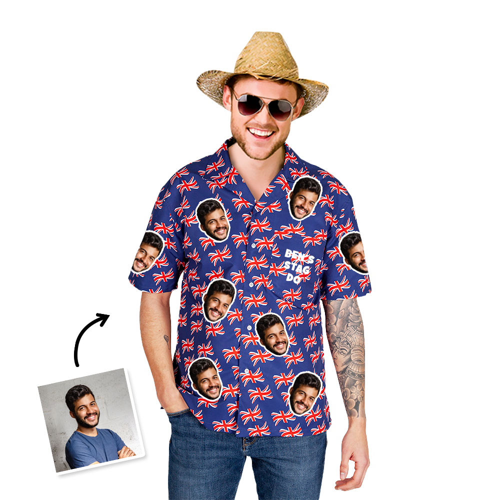 A man wearing a straw hat, sunglasses and a photo-print personalised Union Jack shirt that has several pictures of the same man's face on it and a Union Jack flag design.