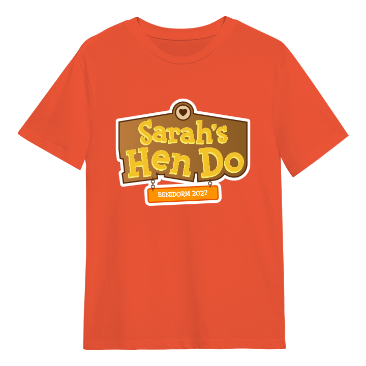An Animal Crossing themed hen do t shirt that has Sarah's Hen Do in the Animal Crossing style with Benidorm 2027 hanging from it on a sign