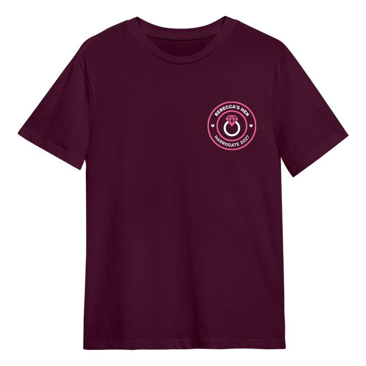A custom hen do t shirt with a circular emblem with an engagement ring in it with the custom text Rebecca's Hen Harrogate 2027
