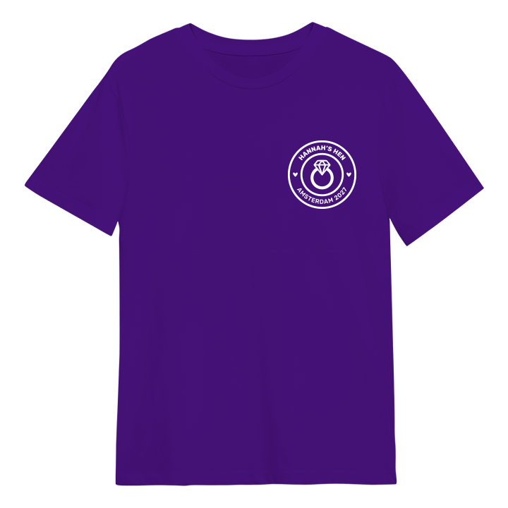 A custom hen do t shirt with a circular emblem with an engagement ring in it with the custom text Hannah's Hen Amsterdam 2027