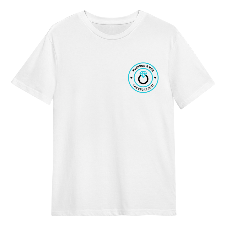 A custom hen do t shirt with a circular emblem with an engagement ring in it with the custom text Madison's Hen Las Vegas 2027