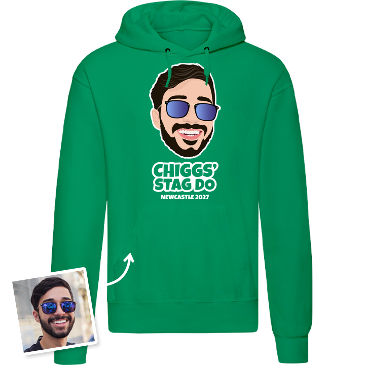 Stag Do Illustration from Photo Hoodie – Illustration, Text, Location on Pink Hoodie