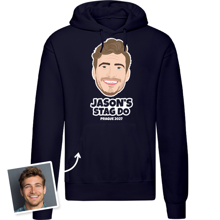 Stag Do Illustration from Photo Hoodie – Illustration, Text, Location on Blue Hoodie