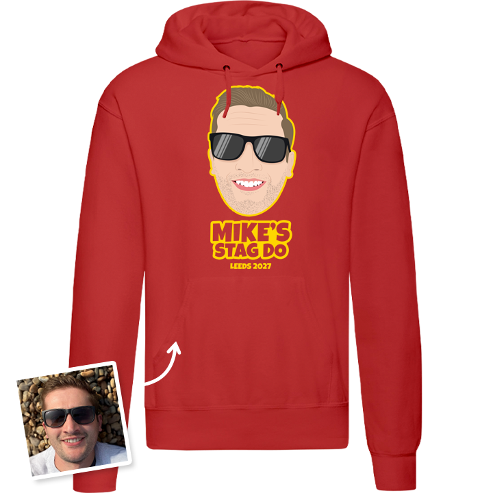 Stag Do Illustration from Photo Hoodie – Illustration, Text, Location on Red Hoodie