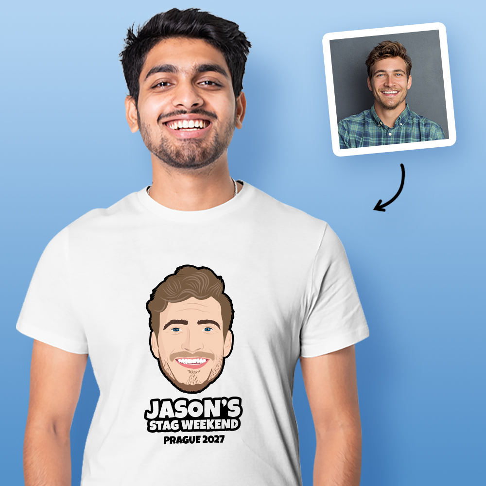 Stag Do Illustration T-shirt – Photo, Text, Location on Red T-shirt