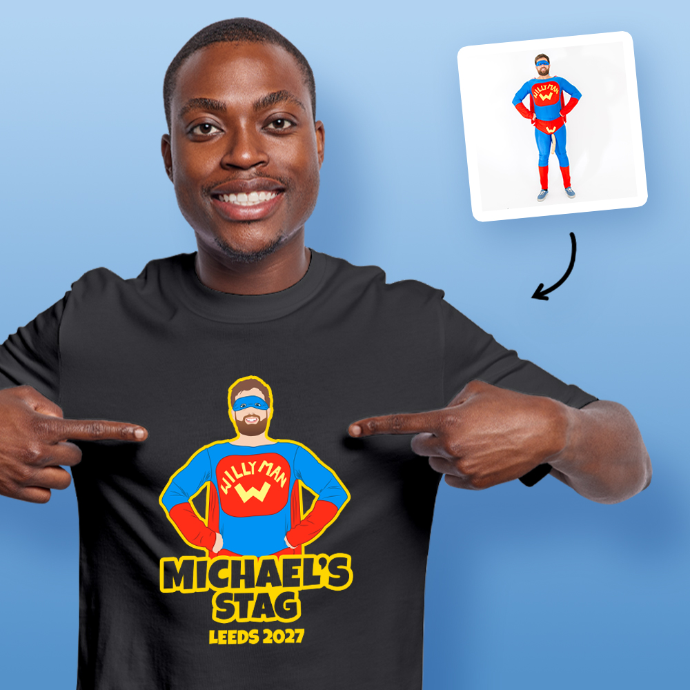 Stag Do Illustration T-shirt – Photo, Text, Location on Blue T-shirt